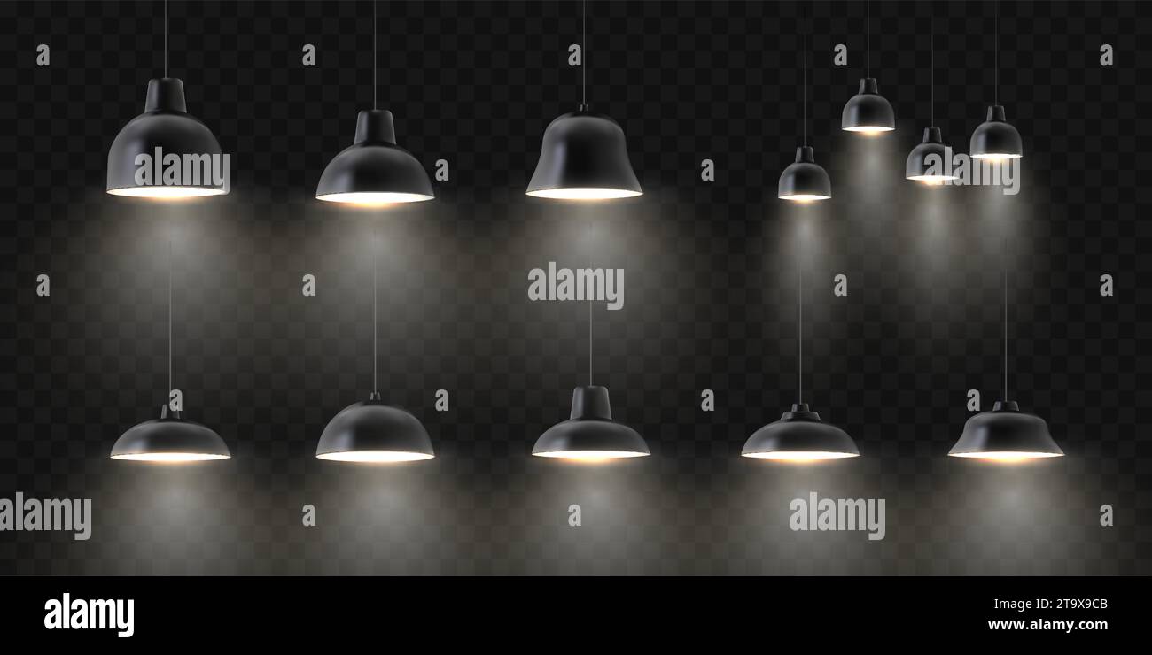 Vector realistic black ceiling lamps set. Different shapes and sizes interior lighting. Hanging lamps isolated on transparent background. Stock Vector
