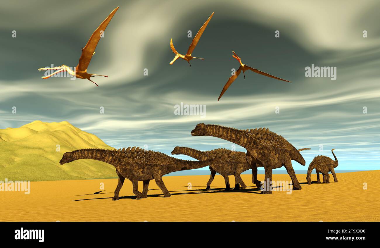 An Ampelosaurus dinosaur herd cross a beach during the Cretaceous Period as Anhanguera Pterosaurs fly overhead. Stock Photo