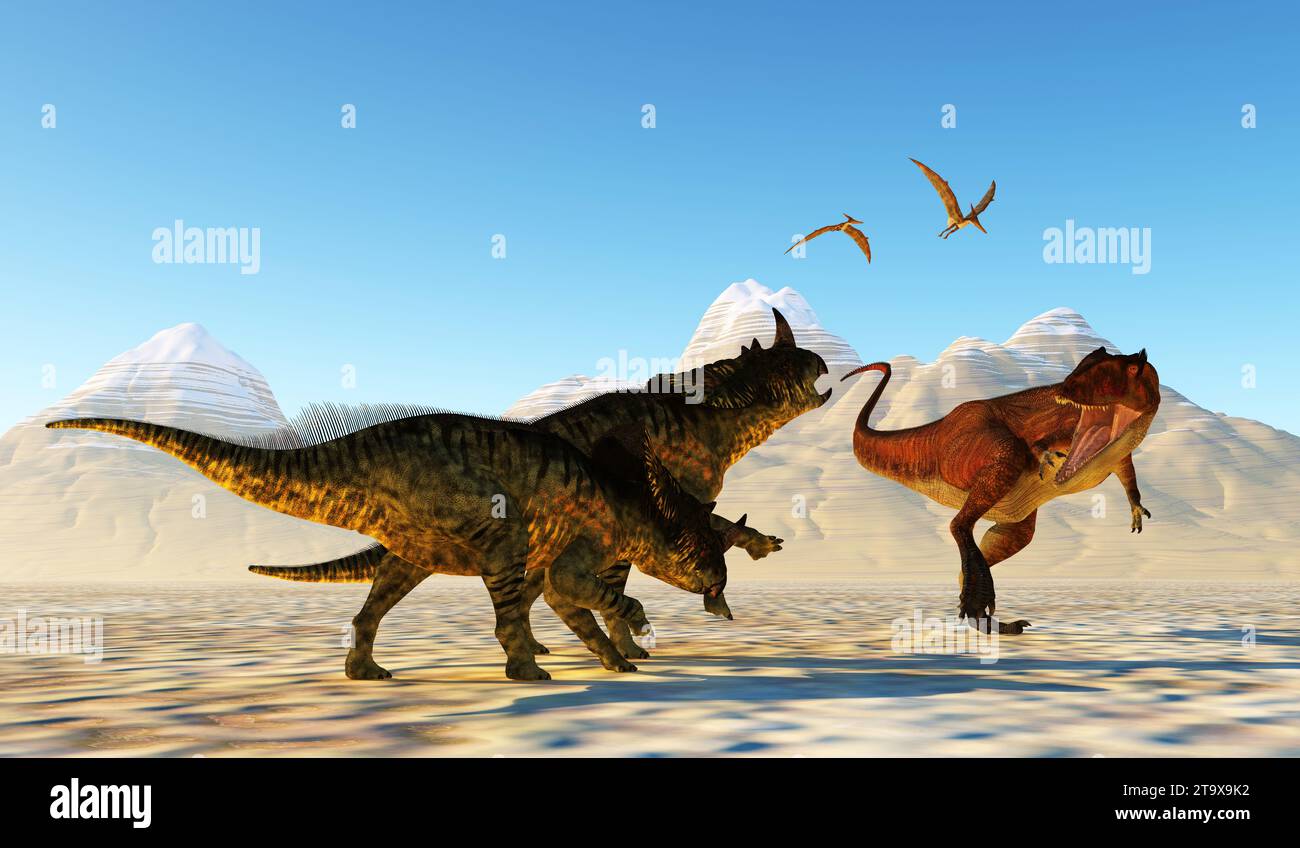 Flying Pteranodon reptiles watch as Carcharodontosaurus attacks Brachyceratops dinosaurs. Stock Photo