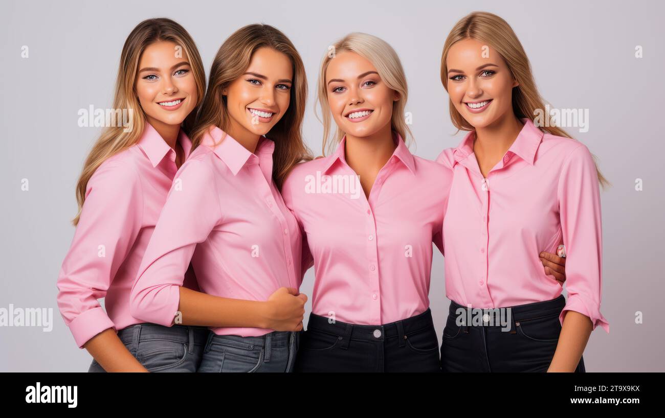 Group Of Four Young Beautiful Girls With A Pink Blouse Against White Background Stock Photo