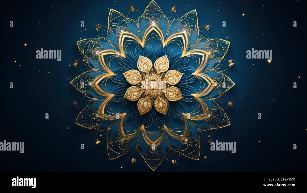 Ai Generative Illustration Of A Blue Golden Ornamented Flower Stock Photo