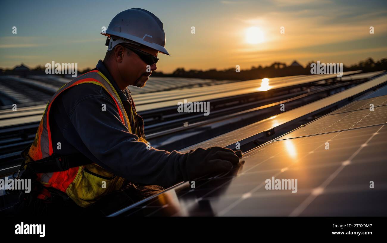 Man With White Helmet Working At Photovoltaic Plant In Sunset Stock Photo