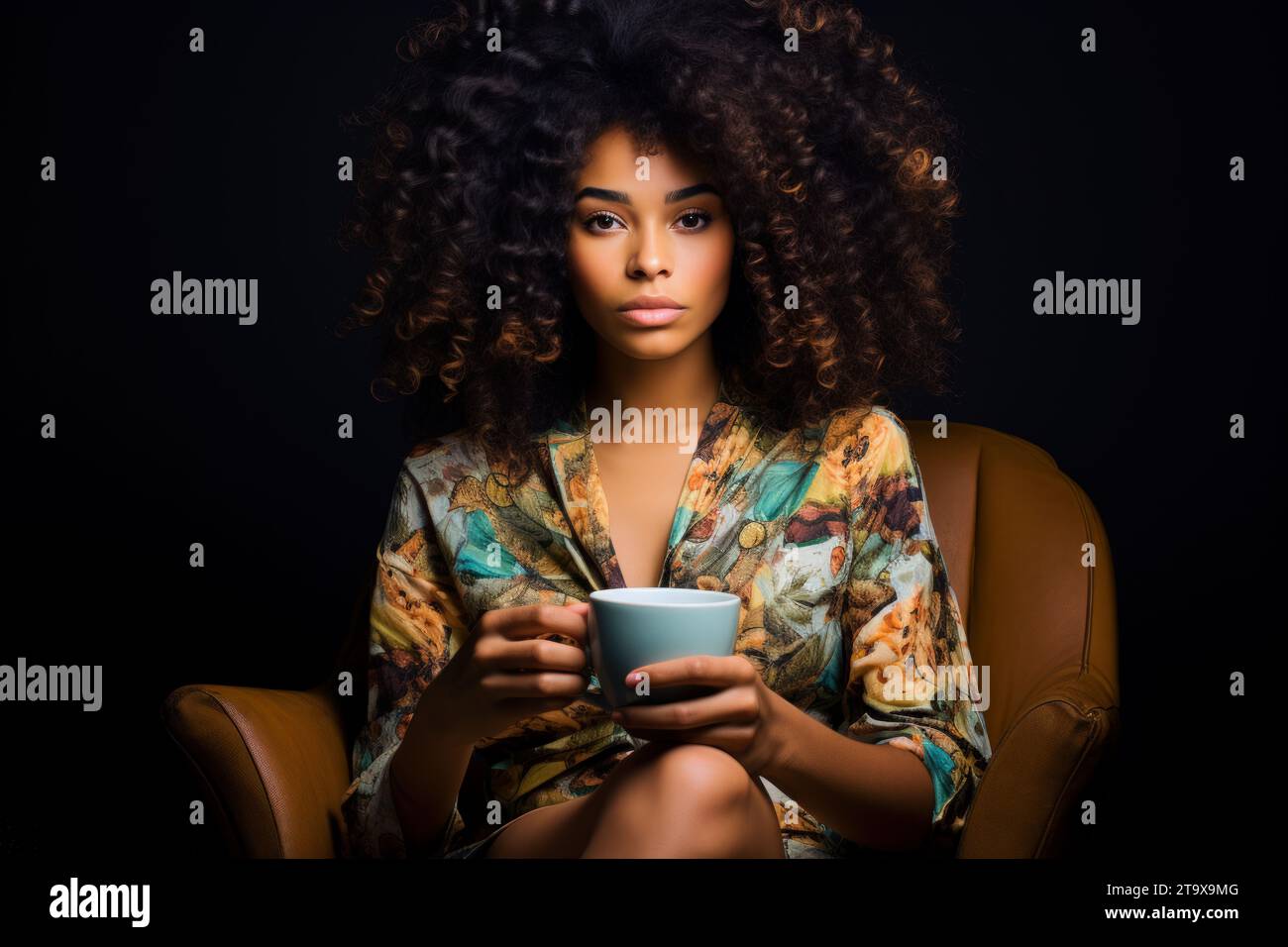 Handsome Dark-skinned Woman With Curly Hair Sitting In A Brown Leather Arm Chair And Holding A Cup In Her Hands Stock Photo