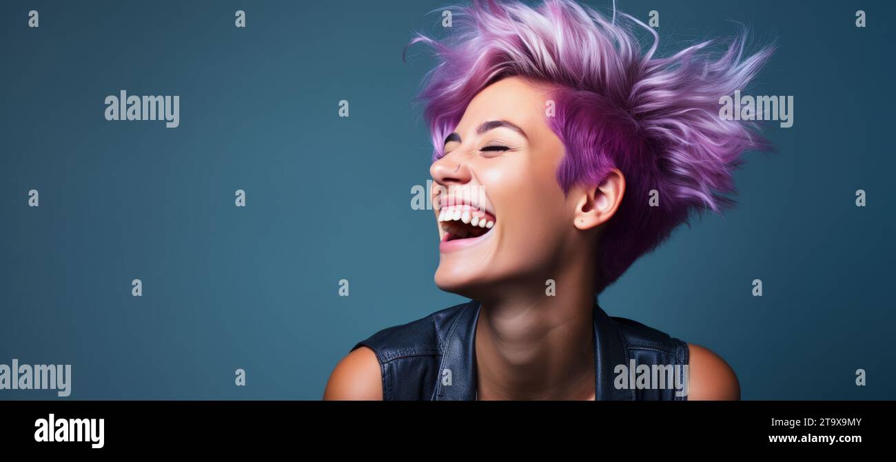 Beauty Shot Of A Young Purple Haired Happy Woman, Copy Space Stock Photo