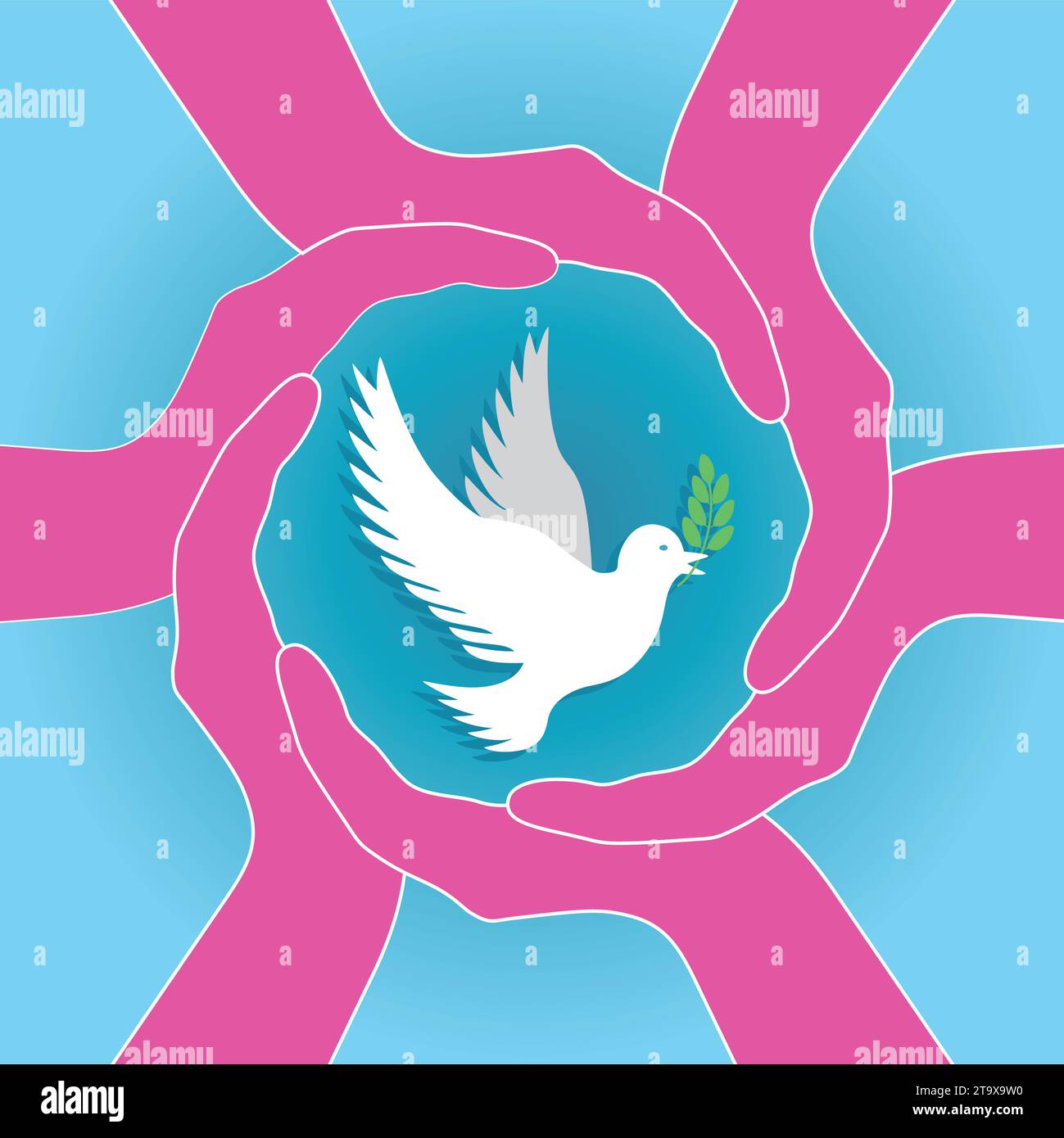 White pigeon in a frame of pink hands. Square composition. Vector illustration. Stock Vector