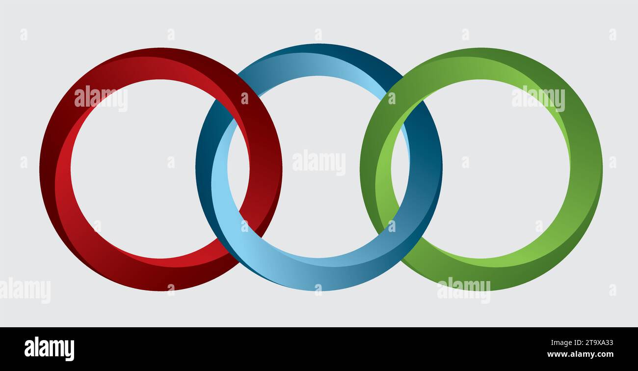 Three intertwined rings, circles, red, blue and green. Isolated. Vector ...