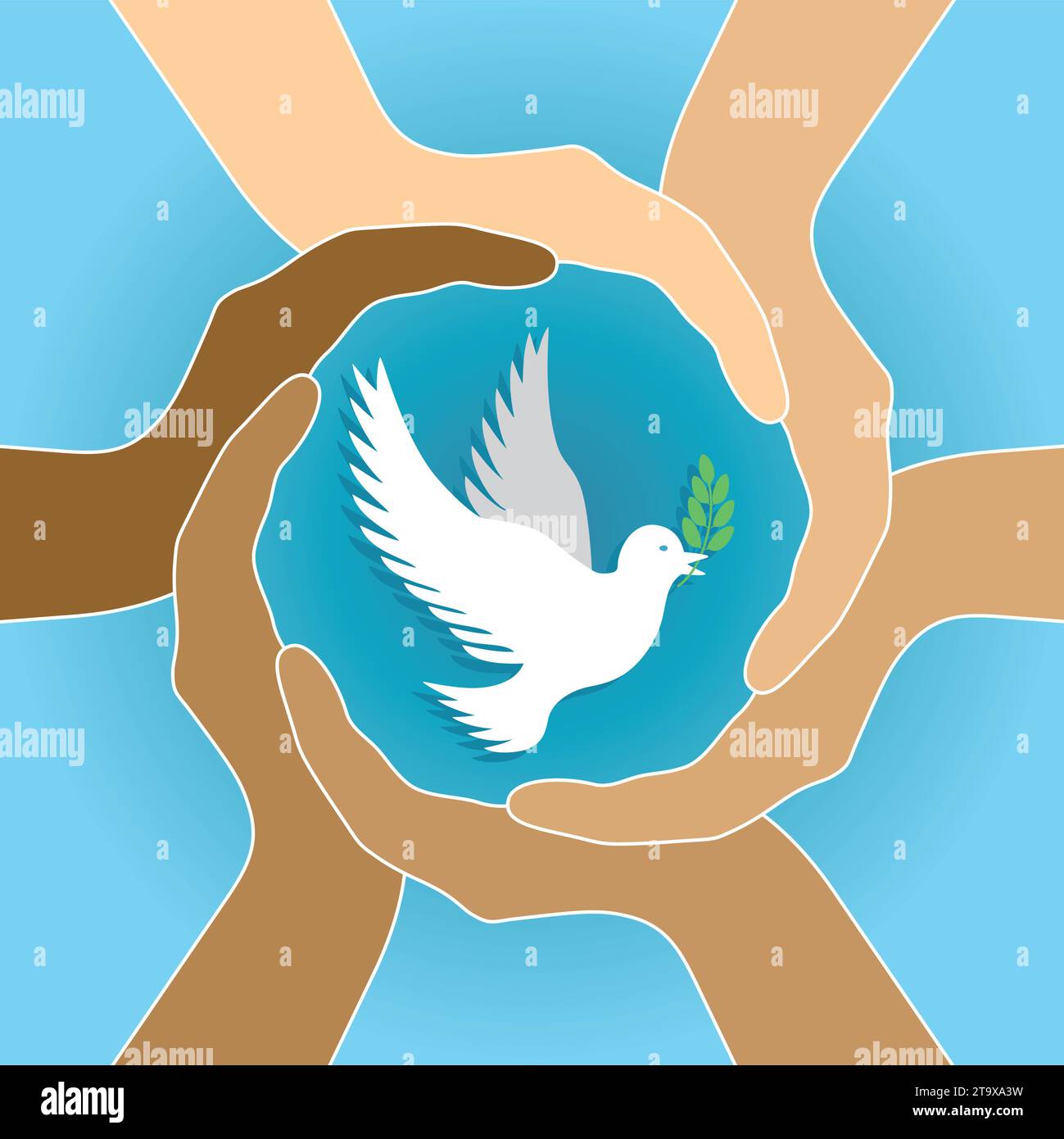 Piece pigeon flying in a ring of protecting hands. Vector illustration. Stock Vector