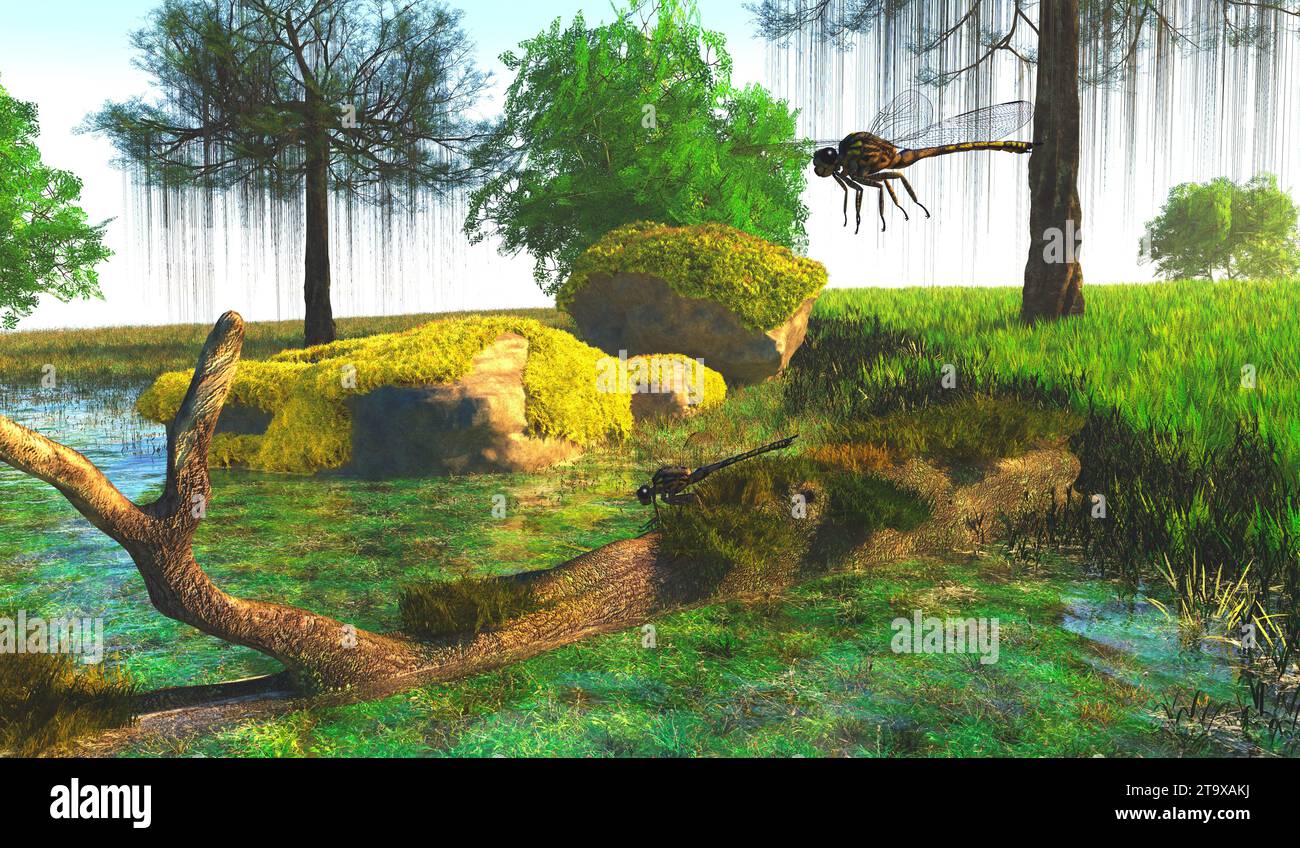 Meganeura dragonflies hover around a pond during the Carboniferous Period. Stock Photo