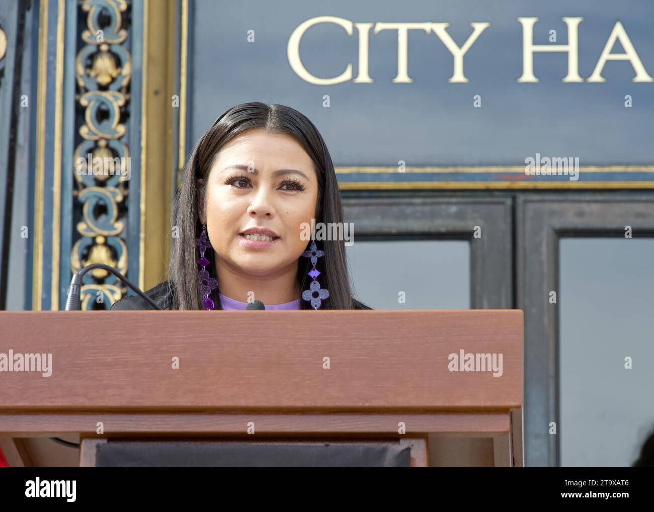 San Francisco, CA - Oct 16, 2023: Marlena Alva speaking at a Press conference during a Domestic Violence Awareness Month Rally outside City Hall. Stock Photo