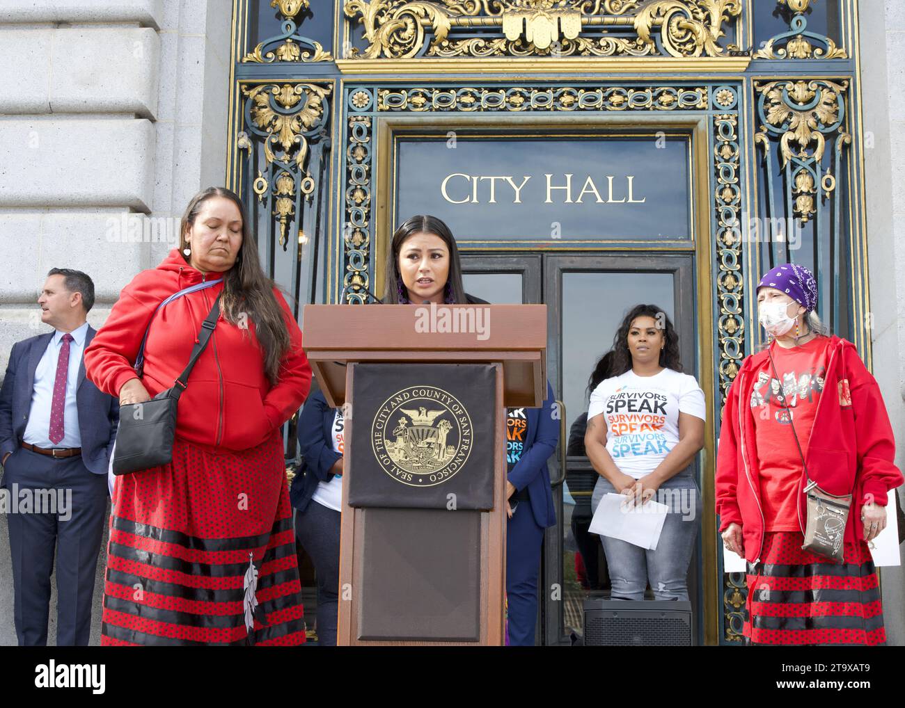 San Francisco, CA - Oct 16, 2023: Marlena Alva speaking at a Press conference during a Domestic Violence Awareness Month Rally outside City Hall. Stock Photo