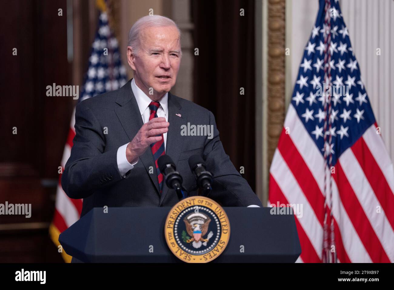 United States President Joe Biden makes remarks on actions to strengthen supply chains in the Indian Treaty Room in Washington, DC, November 27, 2023. Credit: Chris Kleponis/CNP Stock Photo