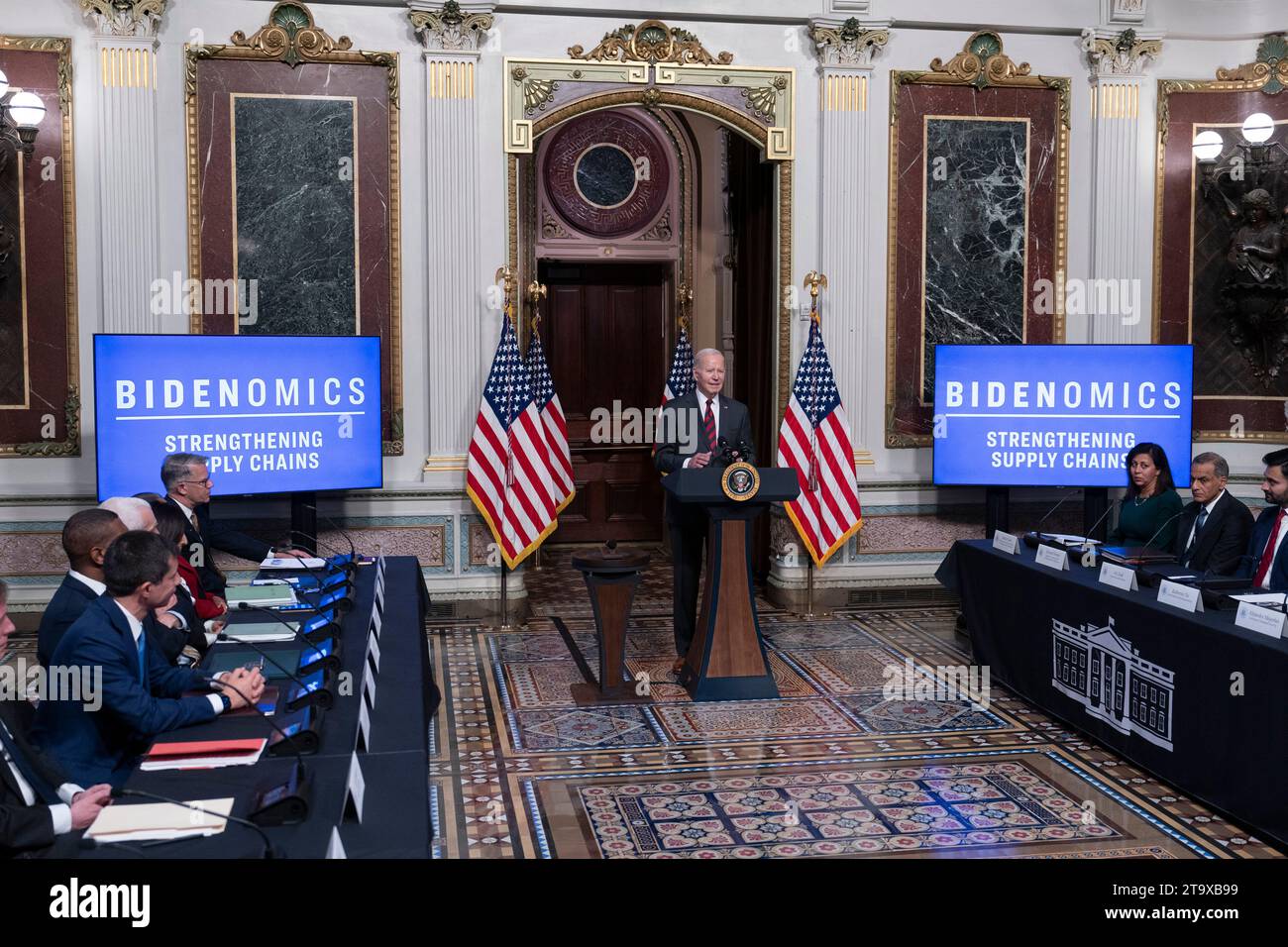 United States President Joe Biden makes remarks on actions to strengthen supply chains in the Indian Treaty Room in Washington, DC, November 27, 2023. Credit: Chris Kleponis/CNP Stock Photo