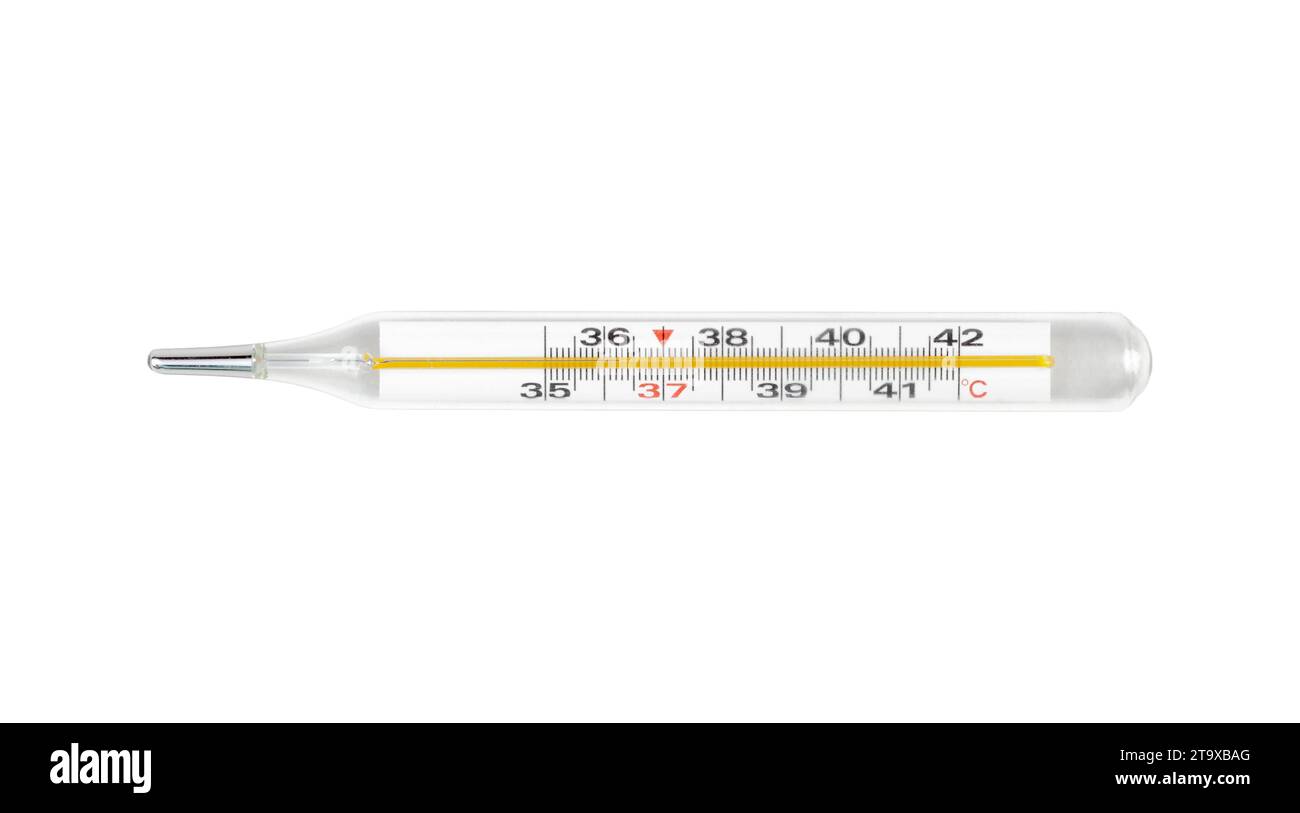 Classic traditional old glass mercury thermometer with a Celsius scale on it, single object isolated on white background, cut out, top view. Temperatu Stock Photo