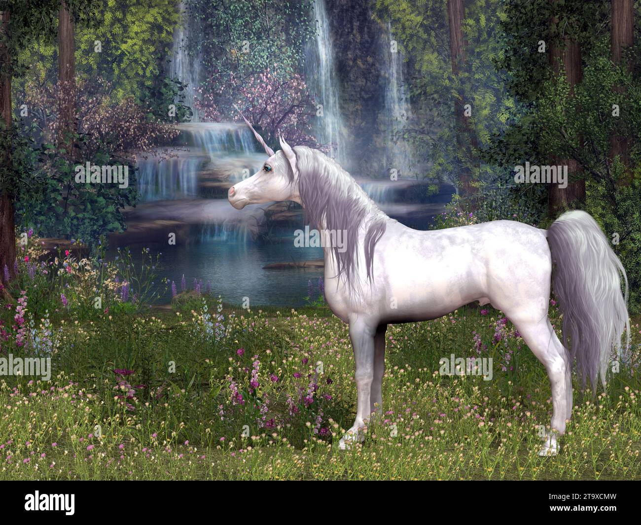 A magical white Unicorn stallion stands in front of a forest pond with waterfalls of gleaming water. Stock Photo