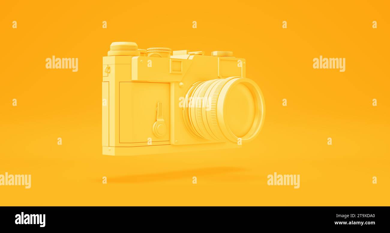 White Vintage Camera with Adjustable Lens on a Yellow Studio Background