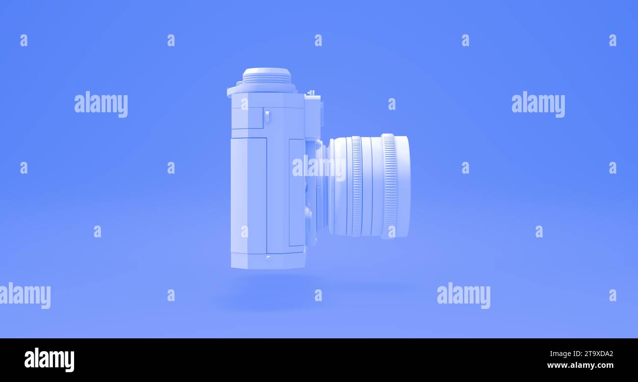 White Vintage Camera with Adjustable Lens on a Blue Studio Background