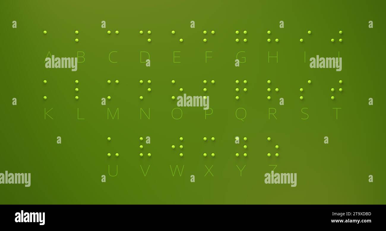 Braille Alphabet Guide Visually Impaired Writing System Symbol Formed out of Spheres. Light Green Dots on a Green Background. 3D Render. Stock Photo