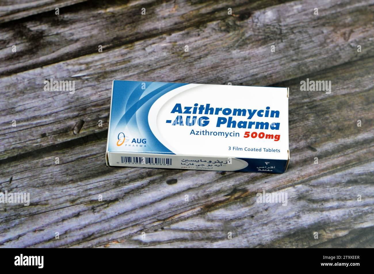 Cairo, Egypt, October 15 2023 Azithromycin 500mg tablets by AUG Pharma, a broadspectrum