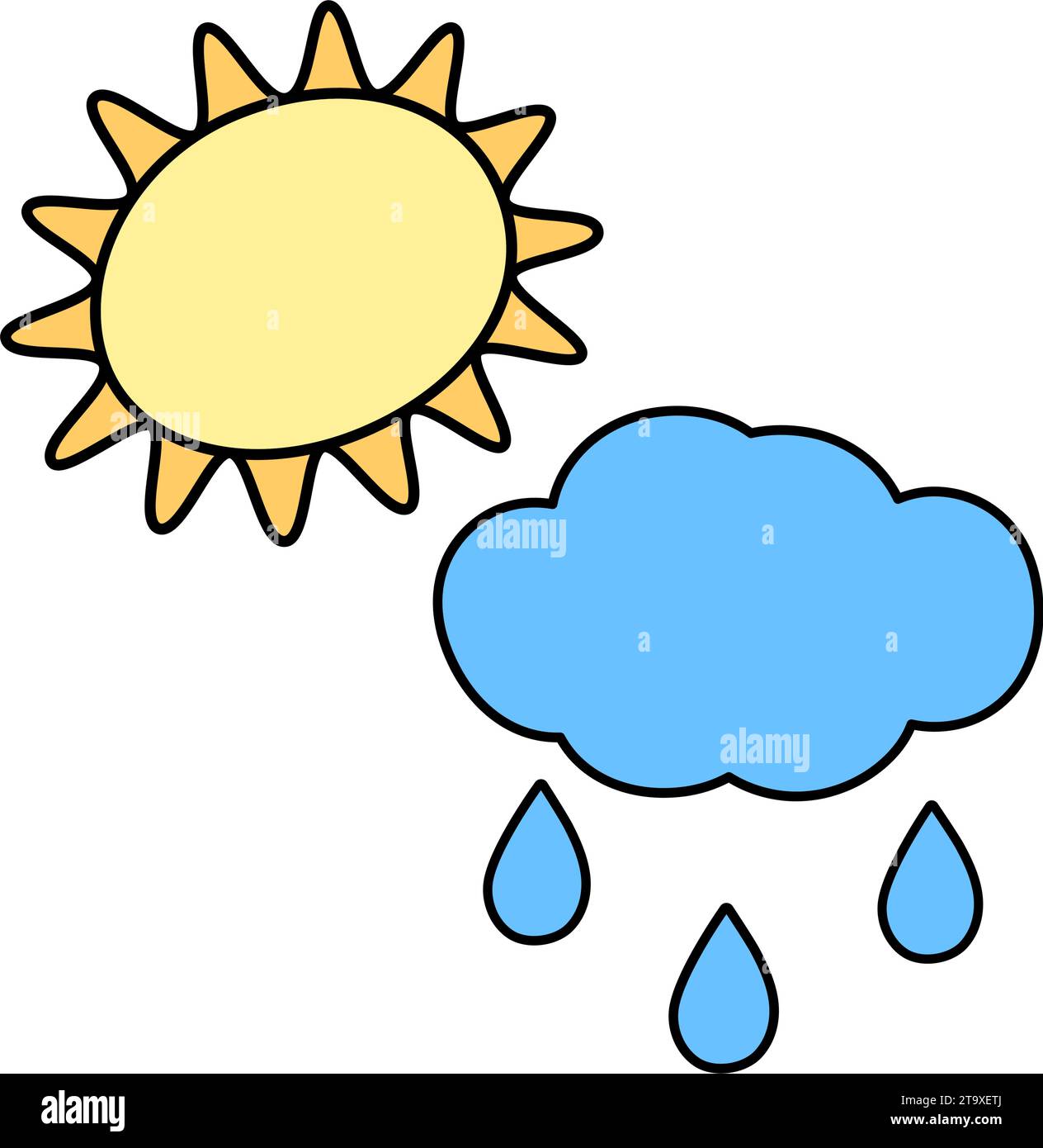 Stylized image of the sun and clouds with drops. Simple design concept for icon weather conditions in trendy marker colors. Isolate. EPS. Vector for pointer, cards or web, tag and other different uses Stock Vector