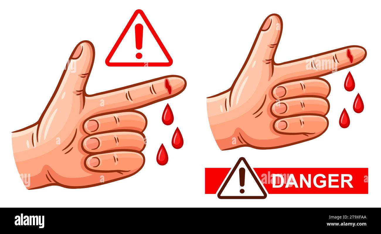 Hand finger cut injury risk warning sign, skin hurt wound with blood