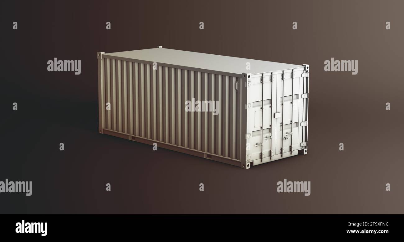 Shipping Cargo Container on a Dark Studio Background. Business Concept. Perspective View. Sepia Colors. 3D Render Illustration. Stock Photo