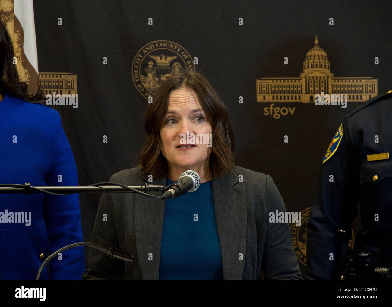 San Francisco, CA - Nov 9, 2023: Mary Ellen Carroll, Director of the Dept of Emergency Management speaking about security issues and impacts on the ci Stock Photo