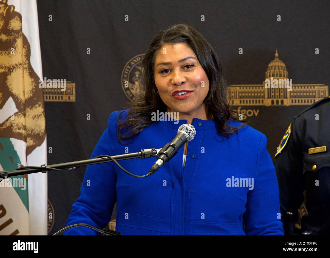 San Francisco, CA - Nov 9, 2023: Mayor London Breed speaking about security issues and impacts on the city surrounding the upcoming APEC conference. Stock Photo