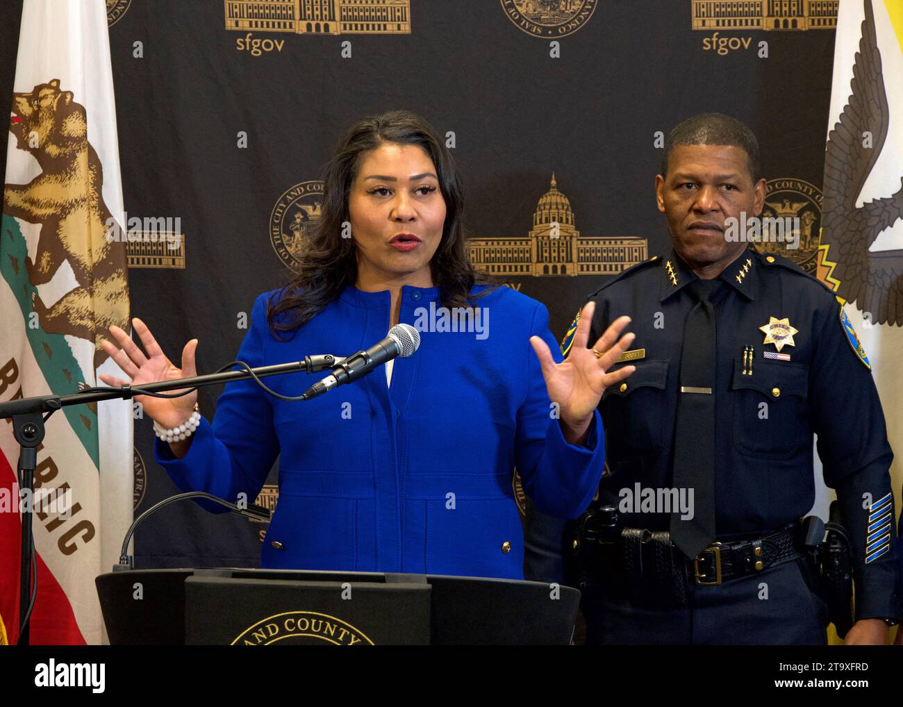 San Francisco, CA - Nov 9, 2023: Mayor London Breed speaking about security issues and impacts on the city surrounding the upcoming APEC conference. Stock Photo
