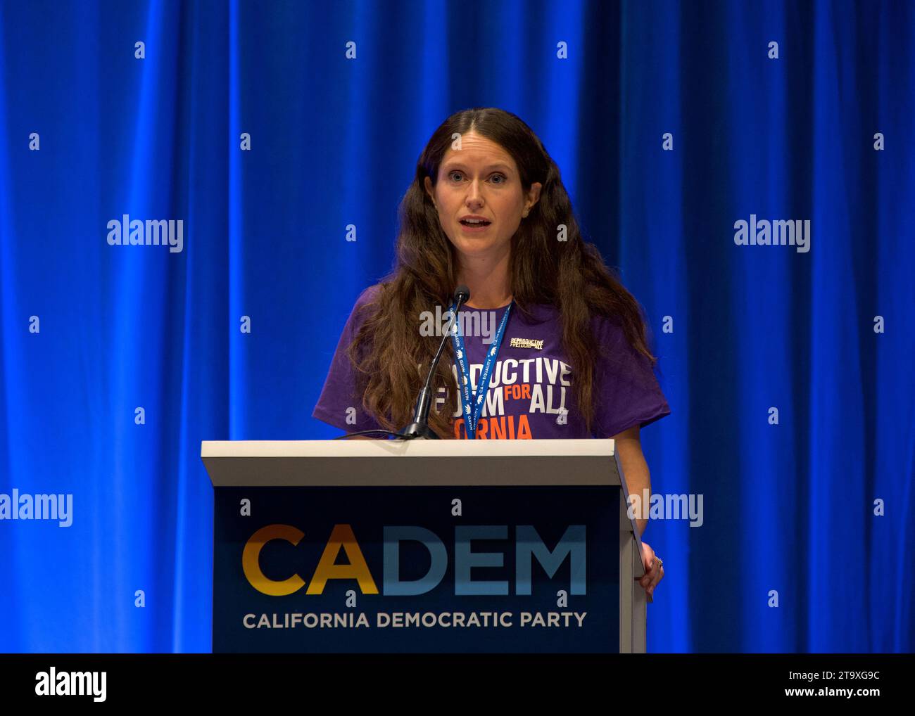 Sacramento, CA - Nov 17, 2023: Shannon Olivieri Hovis speaking at the Women's Caucus meeting at the CADEM Endorsing Convention in the Sacramento Conve Stock Photo