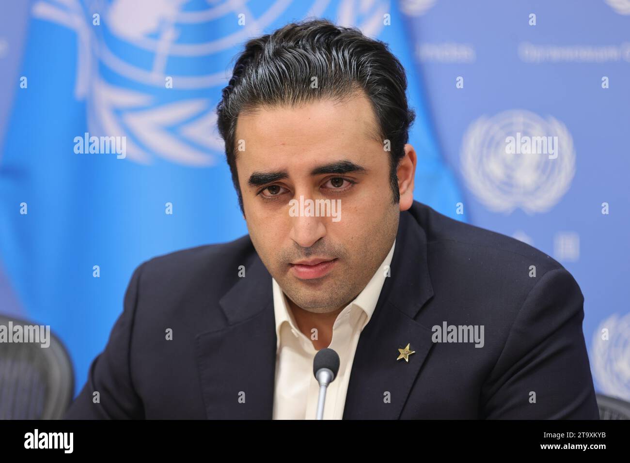 United Nations, New York, USA, March 10, 2023 - Bilawal Bhutto Zardari, Foreign Minister of Pakistan, briefs reporters on the outcome of the Women in Stock Photo