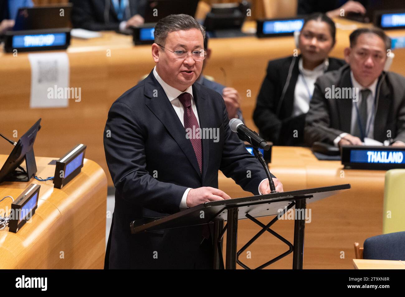 Murat Nurtleu, minister of Foreign Affairs of Kazakhstan speaks during ...