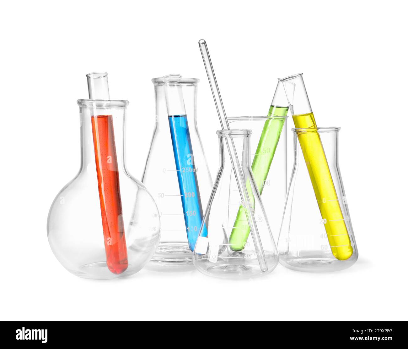 Glass flasks, beaker and test tubes with colorful liquids isolated on