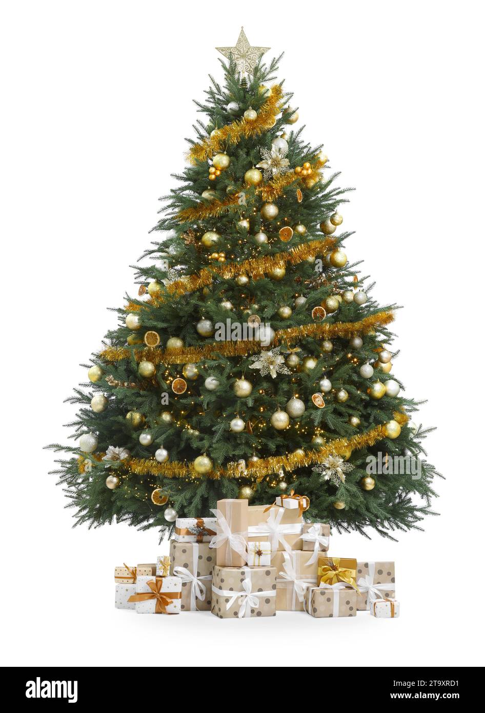 Beautiful Christmas tree and gift boxes isolated on white Stock Photo ...