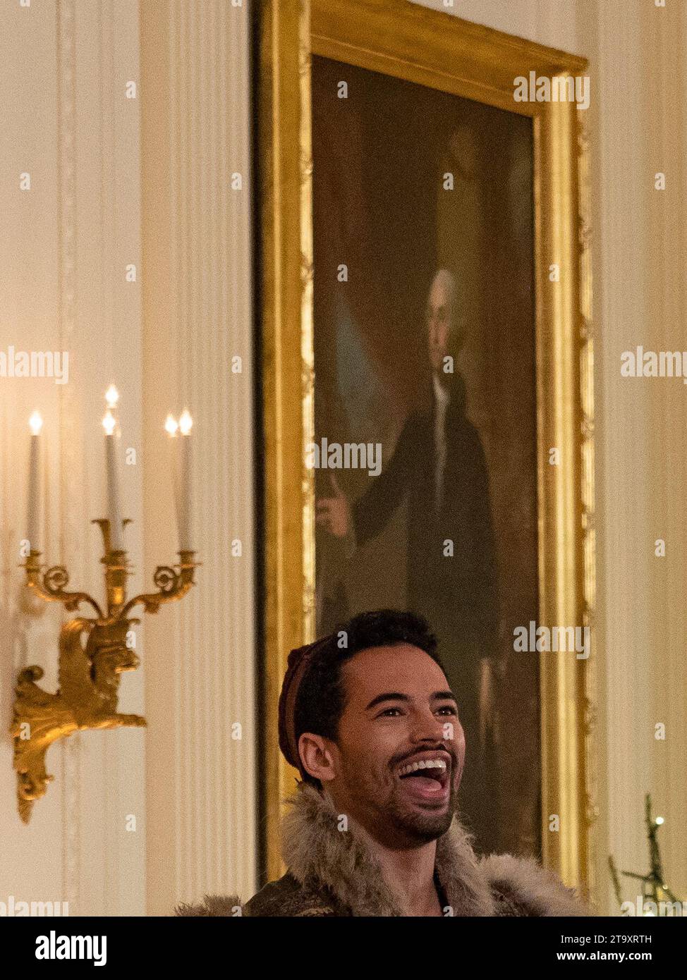 November 27, 2023, Washington, District of Columbia, USA: Frozen cast member DOMINIC DORSET (Kristoff) takes the stage in the East Room of the White House for a special holiday performance of songs from the musical. Members of local military and National Guard families were the special guests. (Credit Image: © Sue Dorfman/ZUMA Press Wire) EDITORIAL USAGE ONLY! Not for Commercial USAGE! Stock Photo
