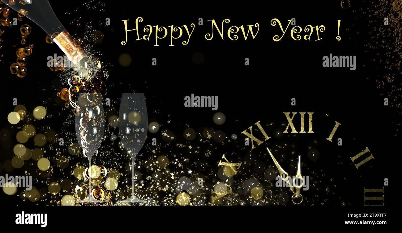 Happy New Year background with text, champagne bottle with splashing ...
