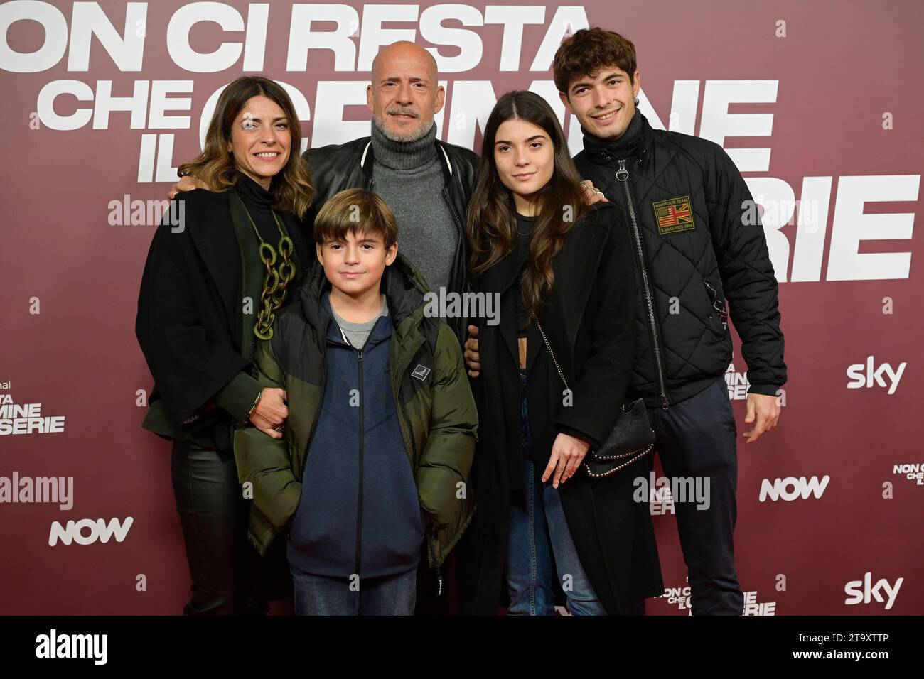 Rome, Italy. 27th Nov, 2023. Valeria Pintore (l), Gianmarco Tognazzi (r) and children (c) attend the red carpet of the Sky tv series Non ci resta che il crimine premiere at The Space Moderno Cinema. (Photo by Mario Cartelli/SOPA Images/Sipa USA) Credit: Sipa USA/Alamy Live News Stock Photo