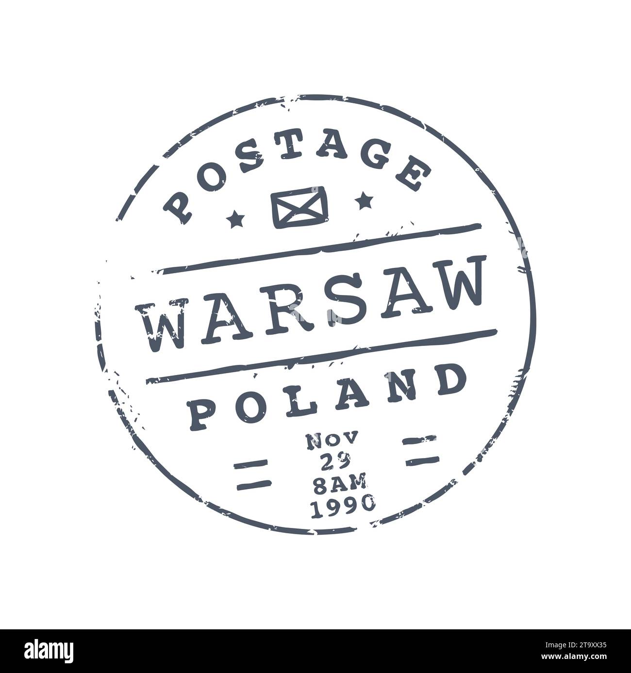 Warsaw Poland postage mark, mail post round seal, ink postmark with letter sign. Vector print on postcard, EU mail delivery insignia, international mail Stock Vector