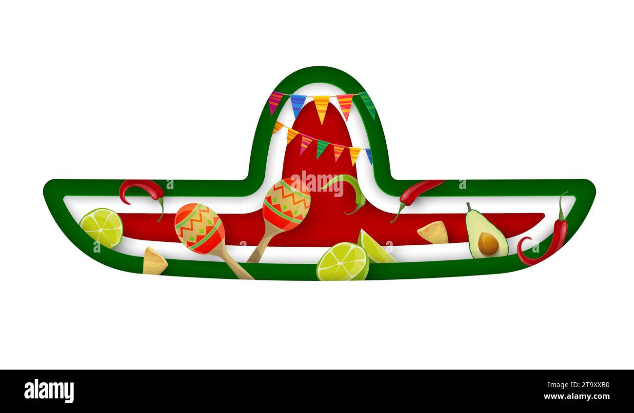 Mexican sombrero on paper cut banner with limes, maracas, peppers and