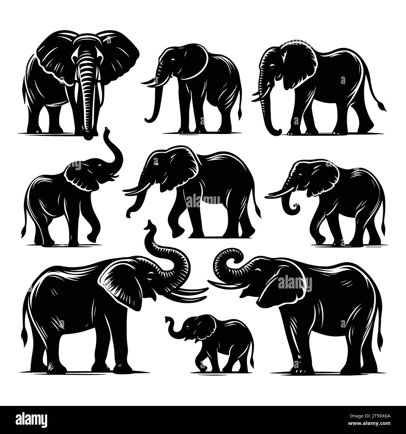 Set of elephan silhouettes isolated on a white background, Vector ...