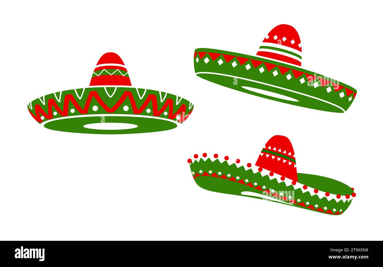 Mexican sombrero hats in national flag colors. Vibrant red, white, and green caps represent culture and heritage of Mexico. Headwear for festivities and celebrations Cinco de mayo or independence day Stock Vector
