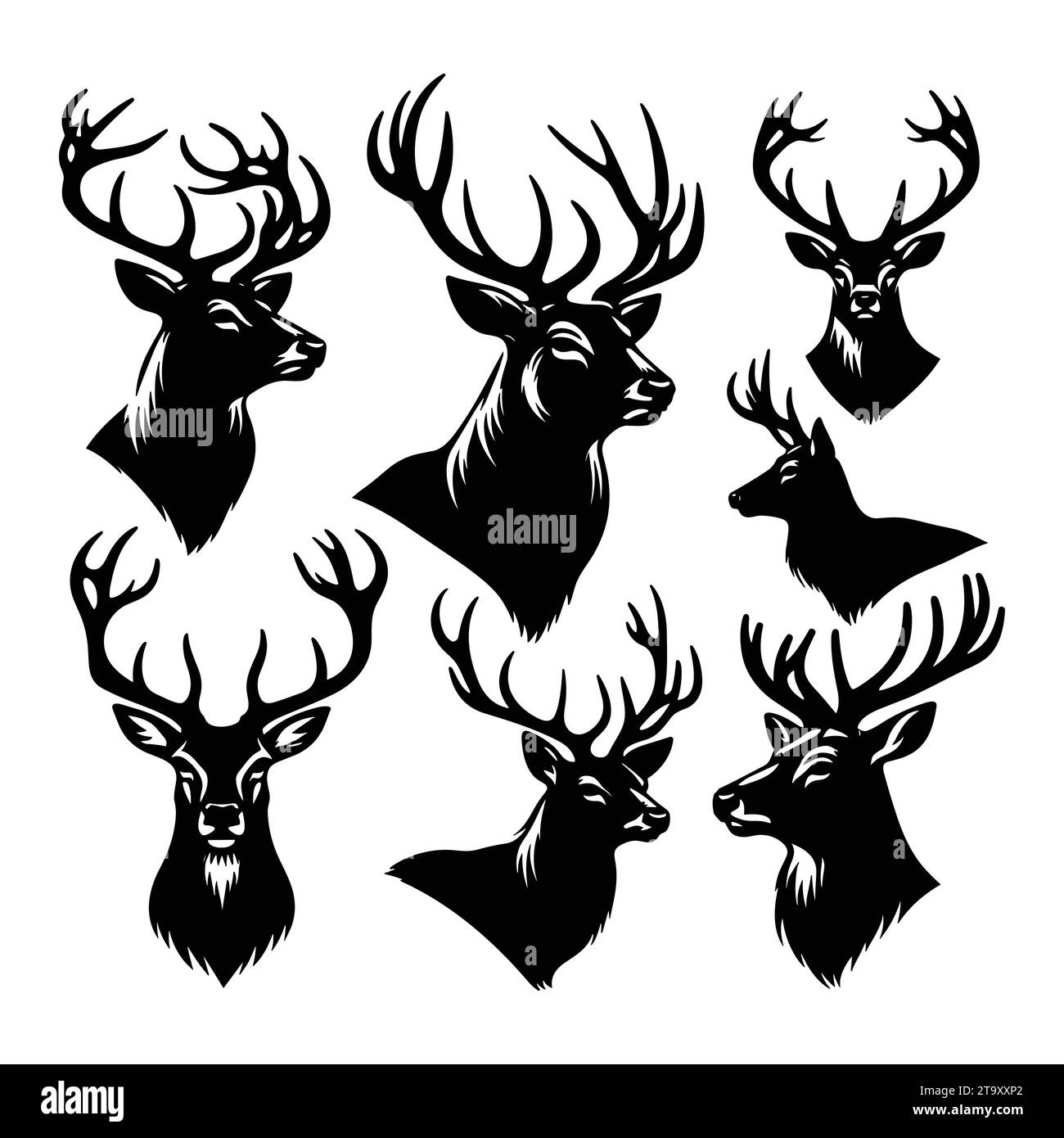 Set of deer head silhouettes isolated on a white background, Vector ...
