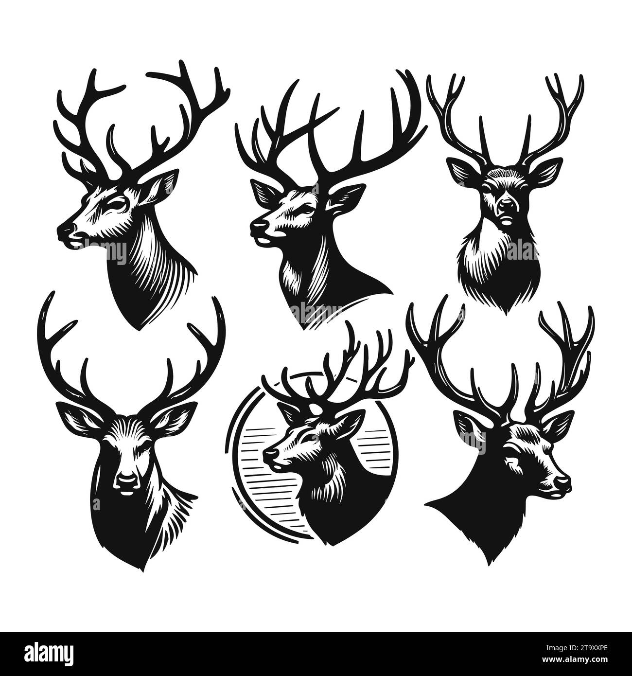 Set of deer head silhouettes isolated on a white background, Vector ...
