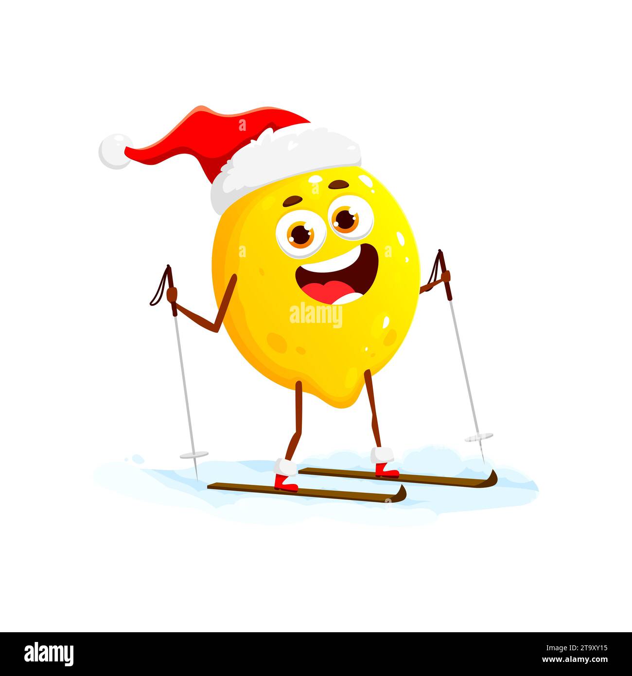 Christmas lemon fruit character skiing with Santa Claus red hat