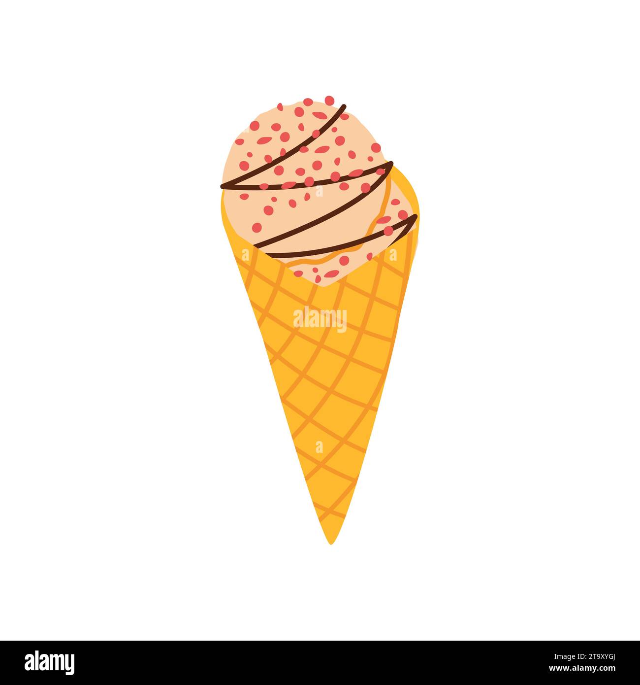 Colorful creamy ice cream in a waffle cone with chocolate syrup vector ...