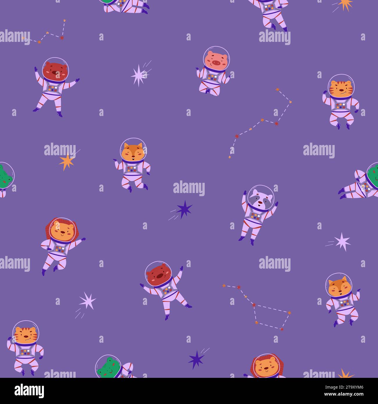 Cosmic seamless pattern with cute animals astronauts and stars. Vector ...