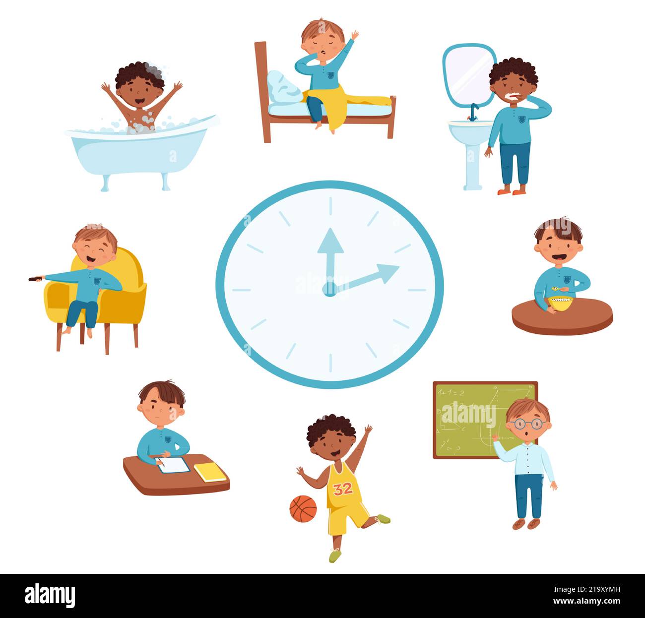 Cute and happy boys in different situations vector illustration. Daily routine with blue simple watches. Isolated on white background. Stock Vector