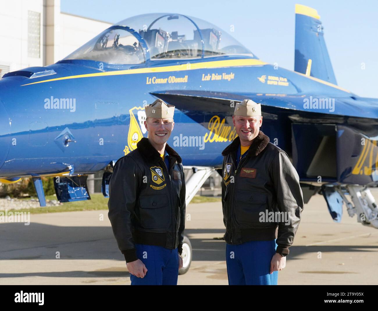 Chesterfield, United States. 27th Nov, 2023. Blue Angels pilot Lt. Conner ODonnell (L) and LCdr Brian Vaughn stand with their St. Louis made F/A-18 Super Hornet after landing at Spirit of St. Louis Airport in Chesterfield, Mo on Monday, November 27, 2023. The single Blue Angel plane flew in so the crew could discuss the June 8-9 2024 St. Louis Air Show which will feature the entire six plane Blue Angel team made up of 16 officers. Photo by Bill Greenblatt/UPI Credit: UPI/Alamy Live News Stock Photo
