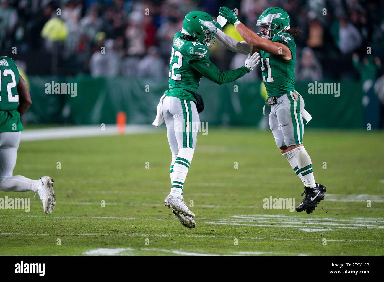 Philadelphia Eagles cornerback Kelee Ringo (22) celebrates with safety