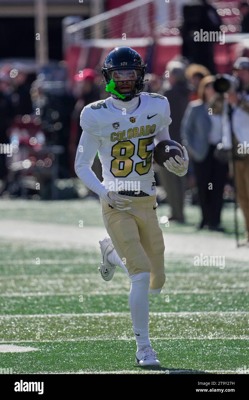 Salt Lake UT, USA. 23rd Nov, 2023. Buffaloes wide receiver Jacob Page (85) in action before the game with Colorado Buffaloes and Utah Utes held at Rice-Eccles Stadium in Salt Lake Ut. David Seelig/Cal Sport Medi(Credit Image: © David Seelig/Cal Sport Media/Cal Sport Media) (Credit Image: © David Seelig/Cal Sport Media/Cal Sport Media). Credit: csm/Alamy Live News Stock Photo