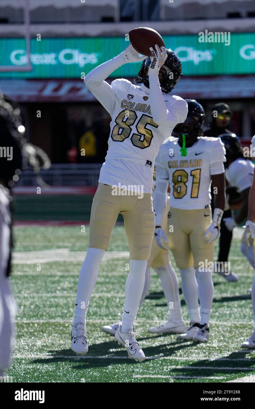 Salt Lake UT, USA. 23rd Nov, 2023. Buffaloes wide receiver Jacob Page (85) in action before the game with Colorado Buffaloes and Utah Utes held at Rice-Eccles Stadium in Salt Lake Ut. David Seelig/Cal Sport Medi. Credit: csm/Alamy Live News Stock Photo